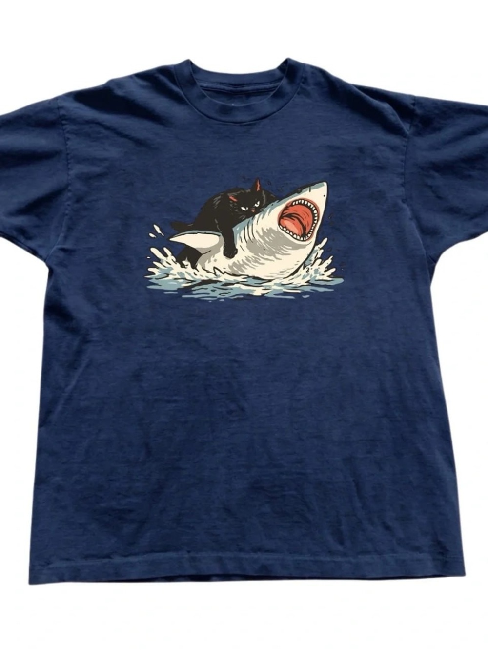 Navy Graphic Tee with Black Cat Riding Shark